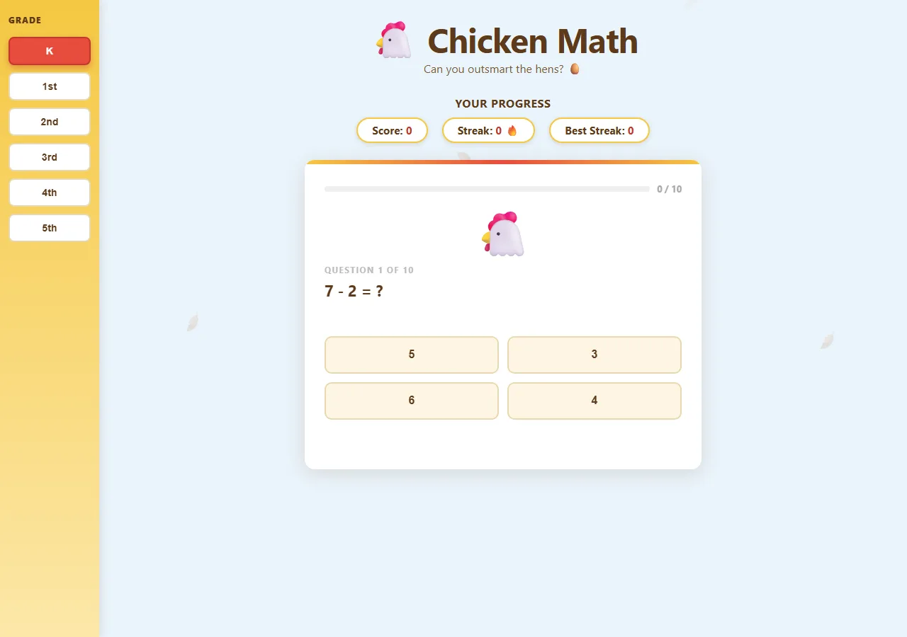 Screenshot of Chicken Math, built with LaunchPad